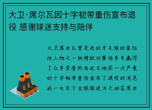 大卫·席尔瓦因十字韧带重伤宣布退役 感谢球迷支持与陪伴 大卫·席尔瓦因十字韧带重伤宣布退役 感谢球迷支持与陪伴