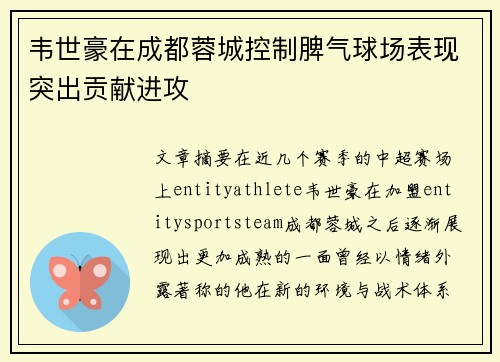 韦世豪在成都蓉城控制脾气球场表现突出贡献进攻